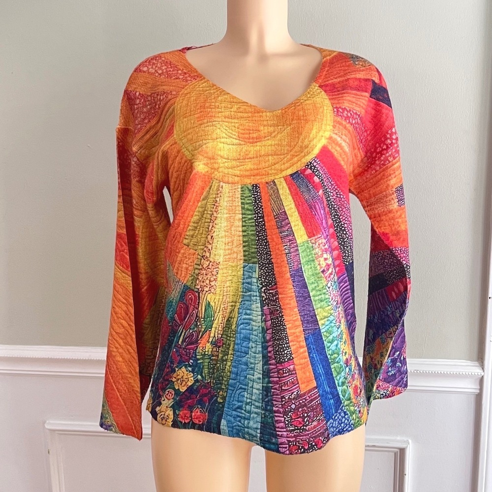 Sunburst Sweater Top Women‎ S Multicolor Rainbow V-Neck Art to Wear